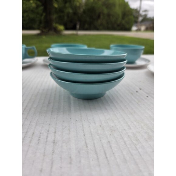 Set 14 Vintage MCM Melmac Durawear White & Turquoise Coffee Cups Berry Bowls - Picture 8 of 13